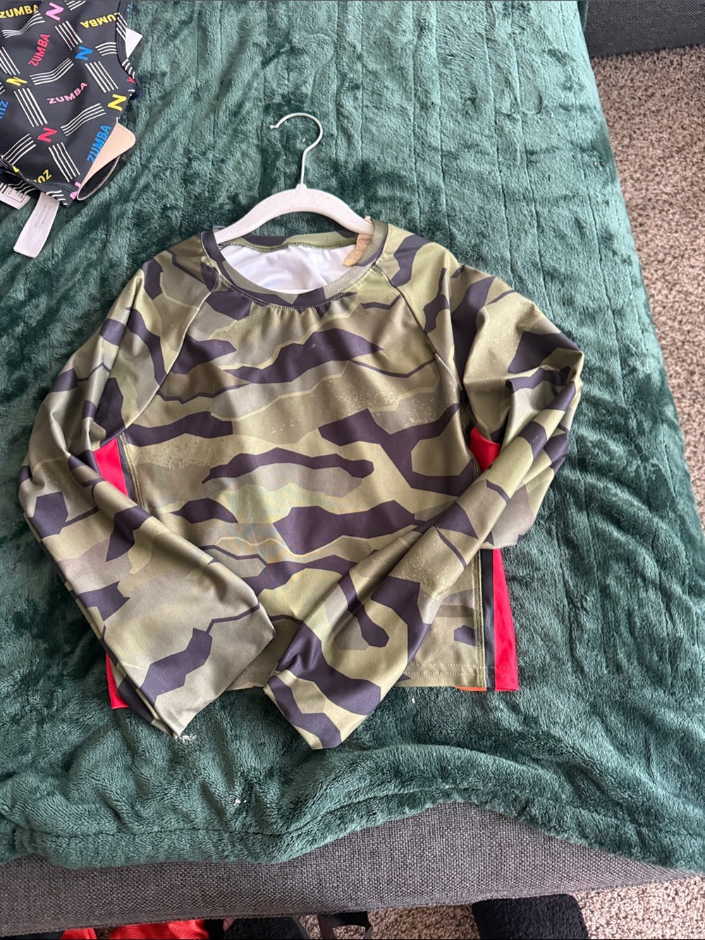 Zumba Fitness Olive Green Camo Long-Sleeve Tee with Red Panels